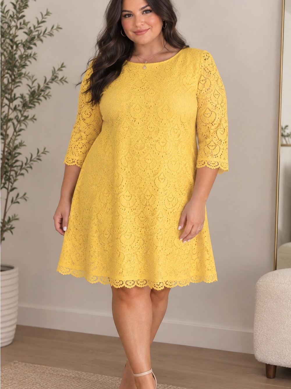 London Times 🔥 Yellow Lace Midi A-Line Dress